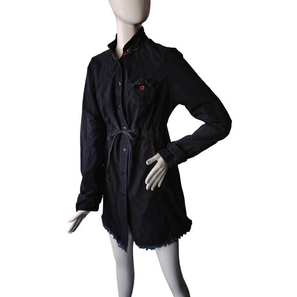 Free People 100% Cotton Utility Jacket Size 8 Navy Blue Tie at Waist Snap Button - Picture 2 of 10